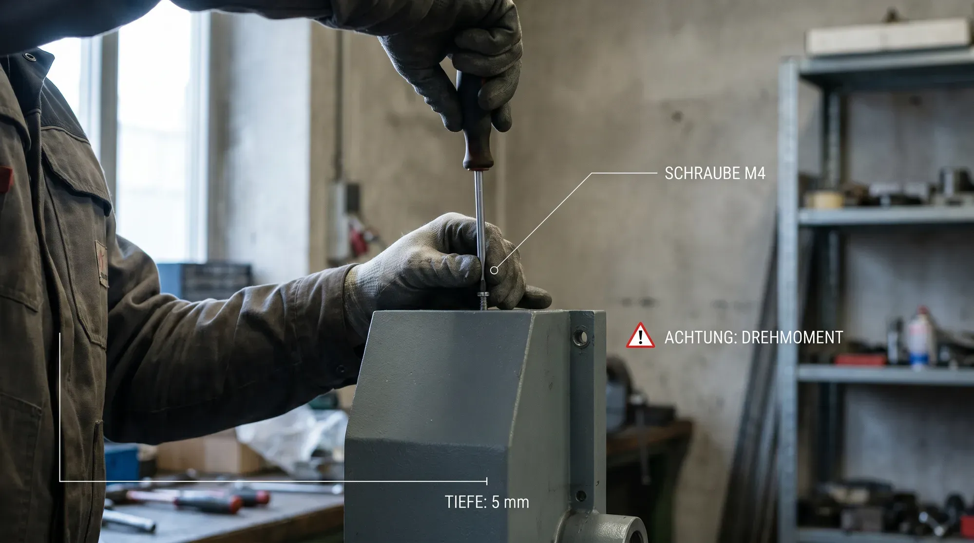 Videostandbild einer Montage am grauen Gehäuse mit eingeblendeten Texthinweisen „Schraube M4", „Achtung: Drehmoment" und „Tiefe: 5 mm"