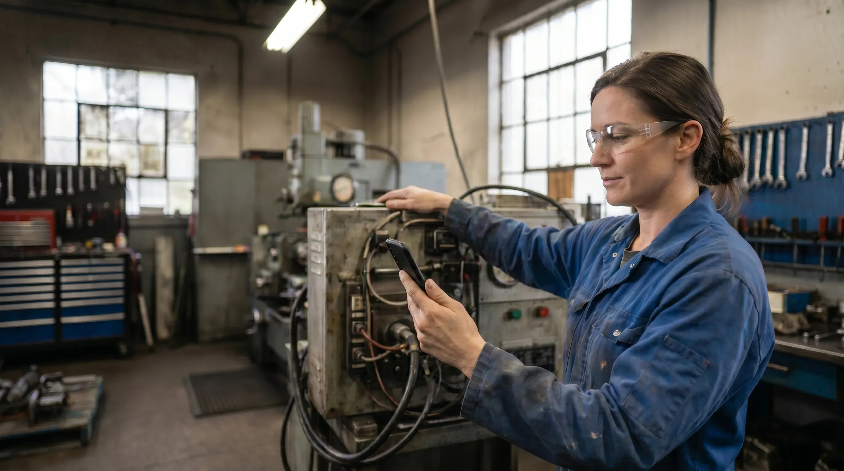 Technikerin mit Schutzbrille schaut in einer Werkstatt an einer Maschine auf ihr Smartphone
