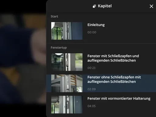 Kapitelübersicht der SIEGENIA-Videoanleitung im Player, Sprungmarken zu einzelnen Montageschritten