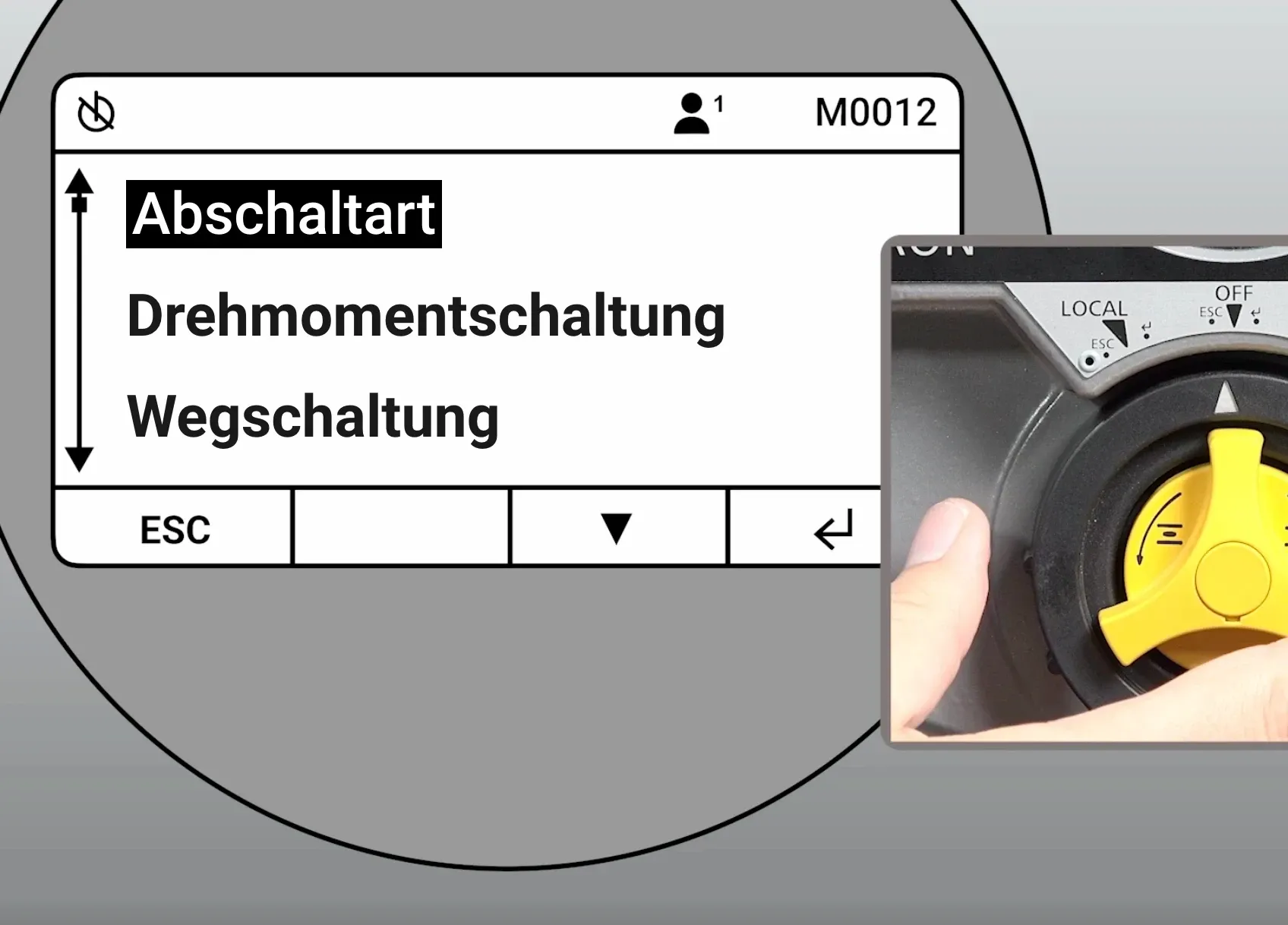 Mehrsprachiges Tigron-Display mit Anzeige Abschaltart, Drehmomentschaltung, Wegschaltung, daneben Hand am gelben Kombischalter