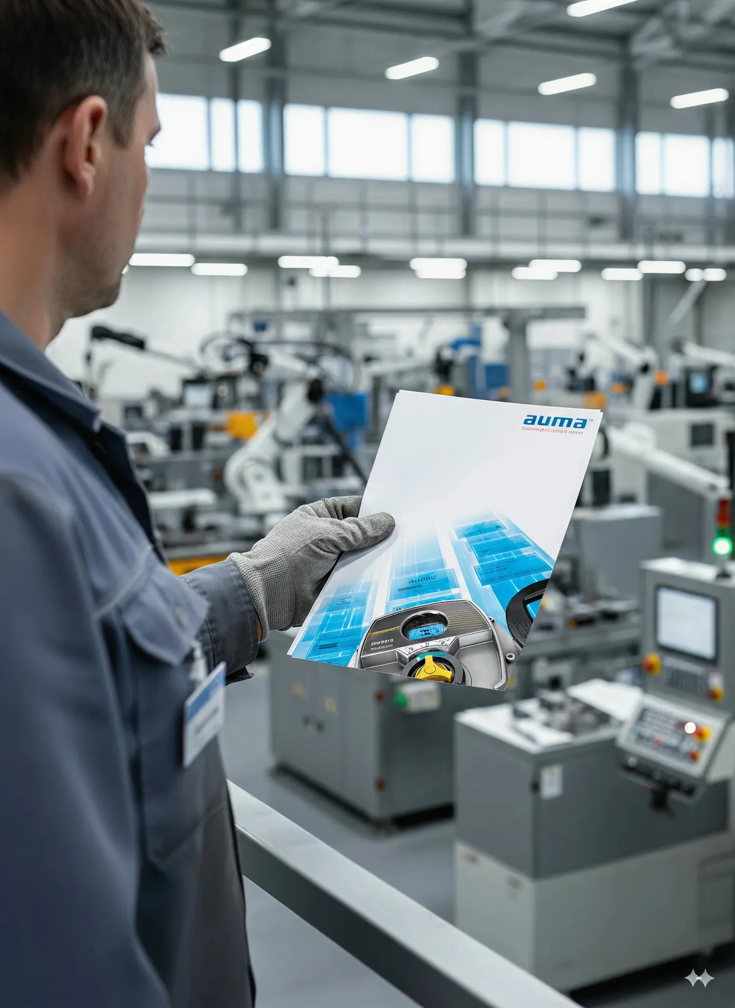 AUMA-Servicetechniker mit Schutzhandschuh hält eine Tigron-Anleitung in einer modernen Produktionshalle