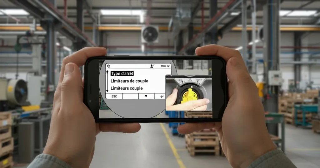 Servicetechniker hält ein Smartphone und sieht eine interaktive Tigron-Bedienanleitung in einer Werkshalle