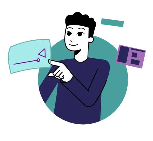 Illustration einer Person mit interaktiven Bedien-Elementen, Symbol für Hotspots, Quizzes und Overlays im Video.