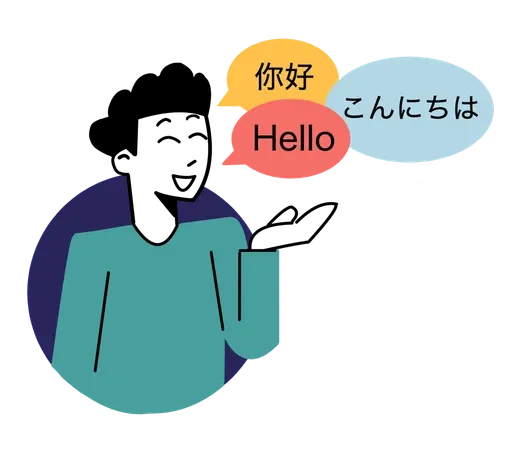 Illustration einer Person mit Sprechblasen in verschiedenen Sprachen, Symbol für mehrsprachige Videoausgabe.