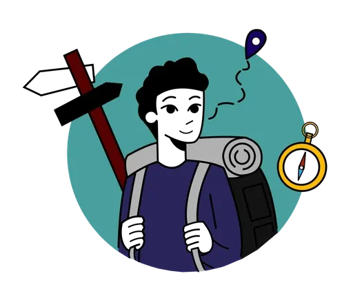 Illustration einer Person mit Karte und Kompass, Symbol für Kapitelnavigation und gezielte Orientierung im Videoplayer.