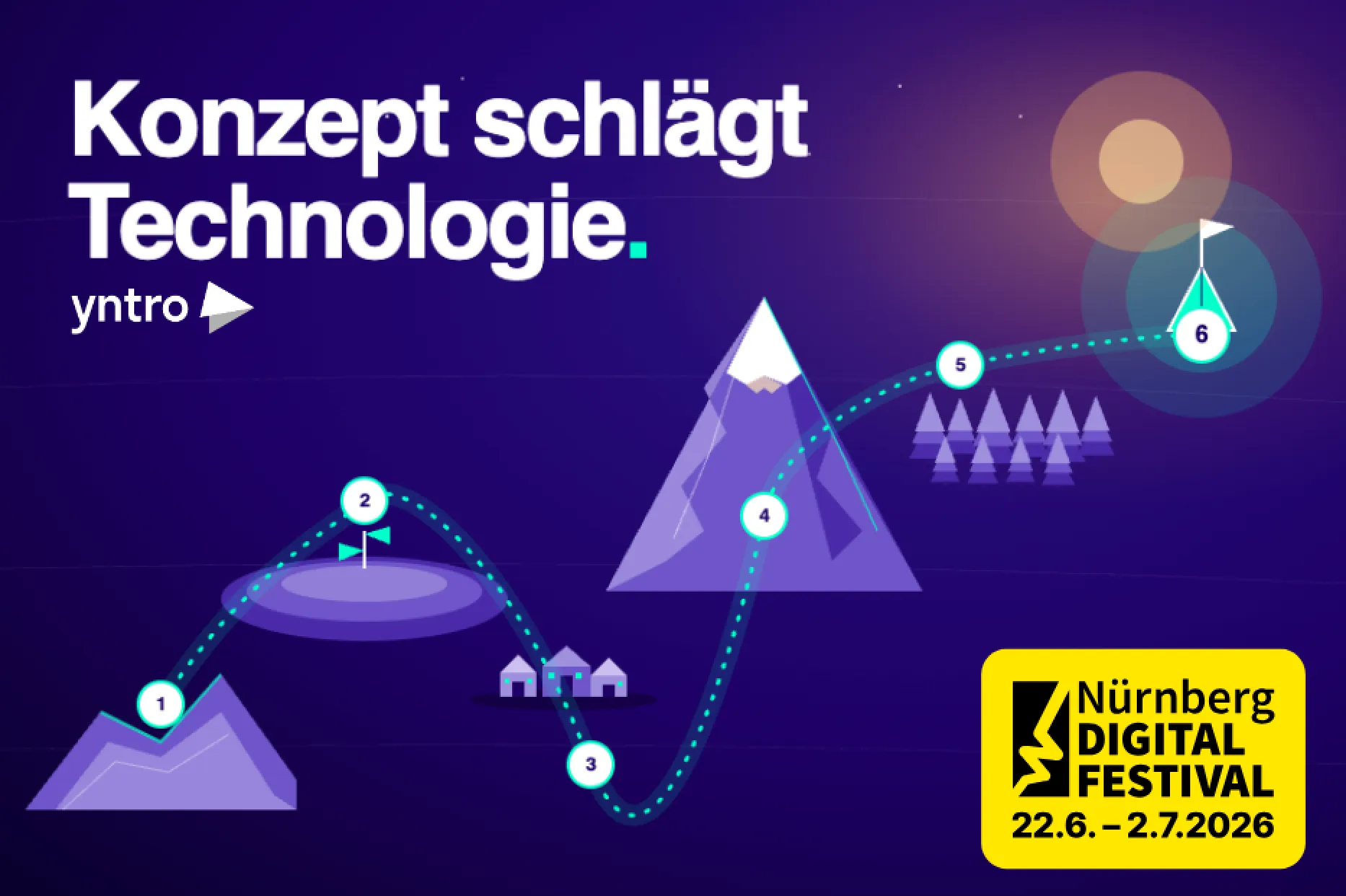 Key-Visual des Digitalfestivals Nürnberg mit dem Motto „Konzept schlägt Technologie“