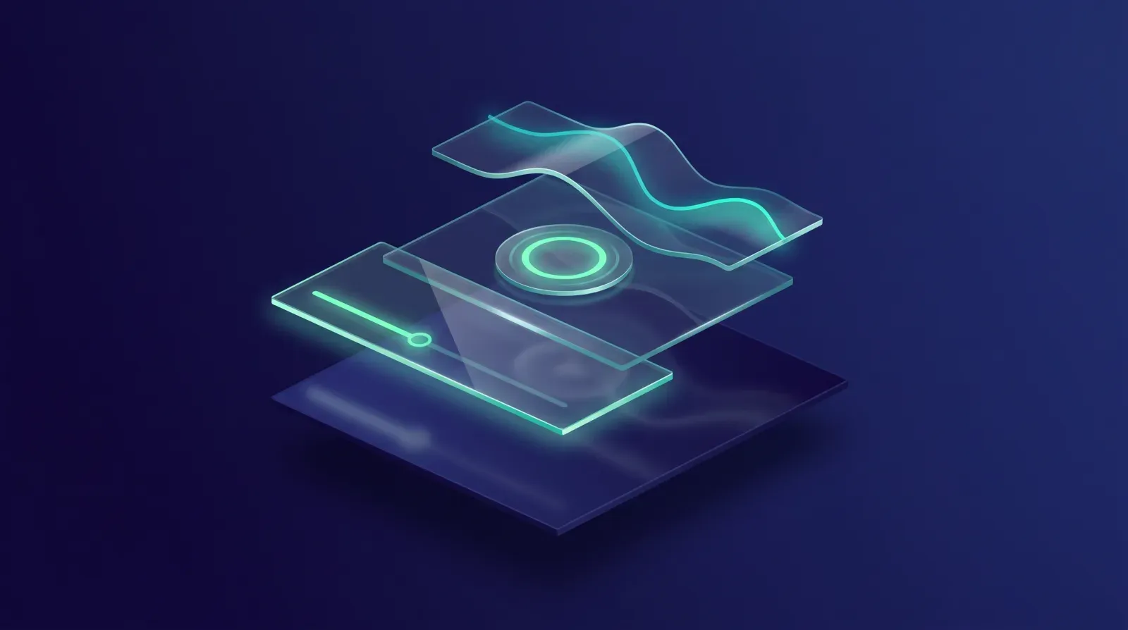 Abstrakte Illustration: gestapelte transparente Ebenen mit Mint-Akzenten.