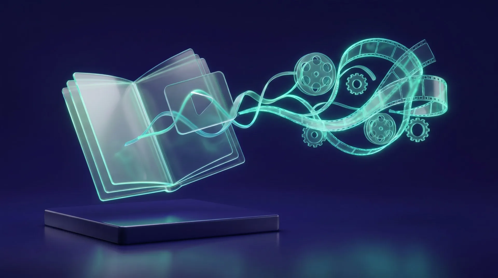 Holografisches aufgeschlagenes Buch, das in einen Filmstreifen übergeht, Sinnbild für die Anleitungsnorm über alle Medien hinweg