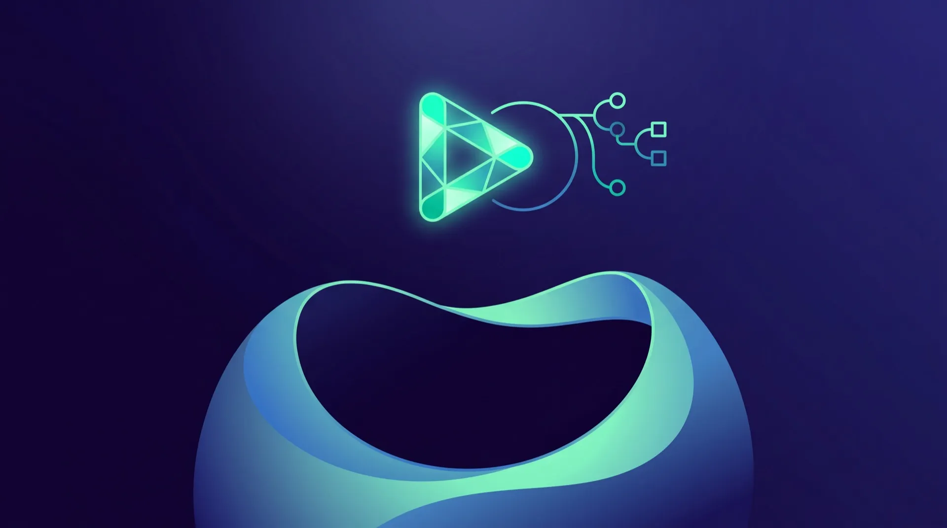 Leuchtendes Play-Symbol mit verzweigten Verbindungslinien, Sinnbild für barrierefreie, interaktive Videostruktur