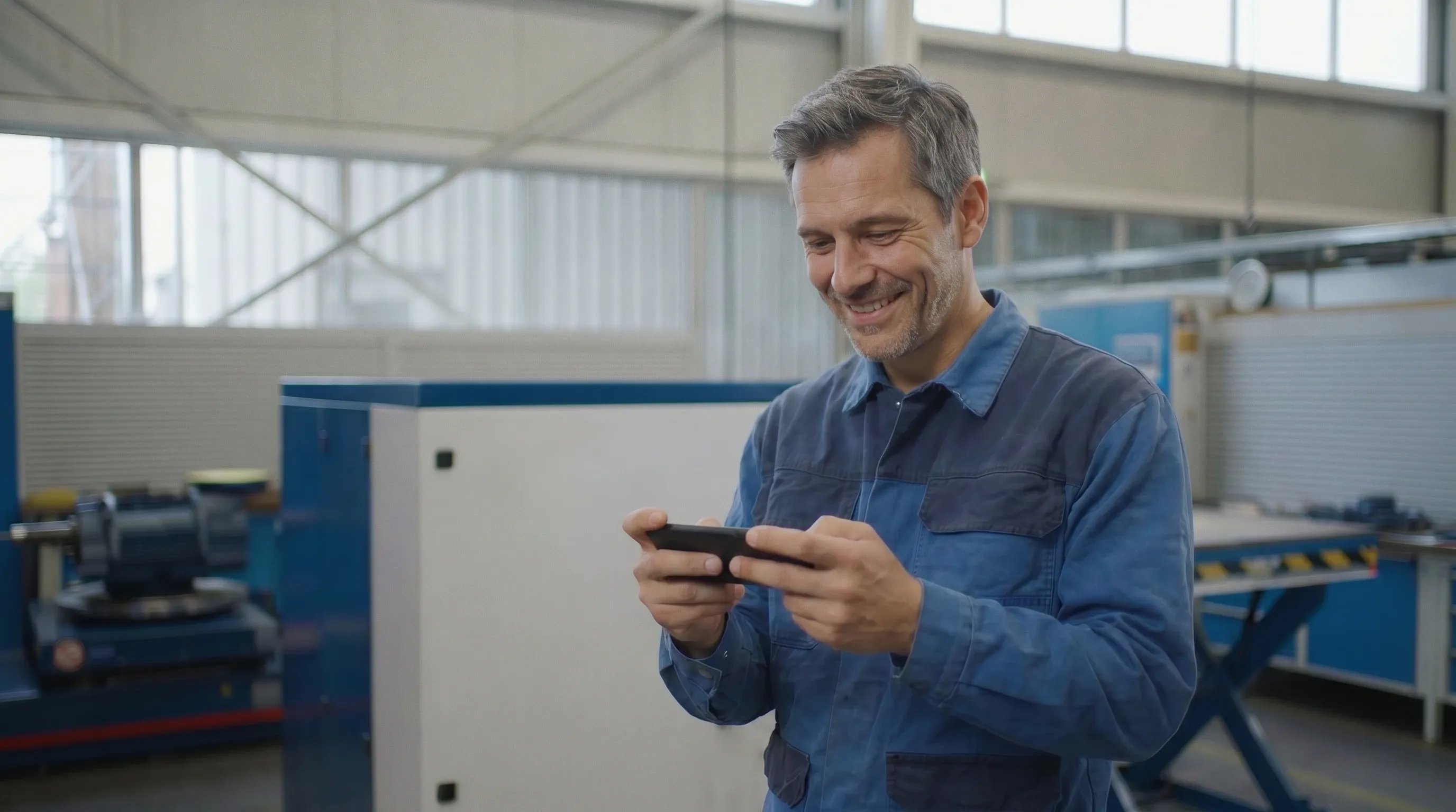 Lächelnder Servicetechniker in blauer Arbeitskleidung schaut in einer Werkstatt eine Videoanleitung auf seinem Smartphone an.