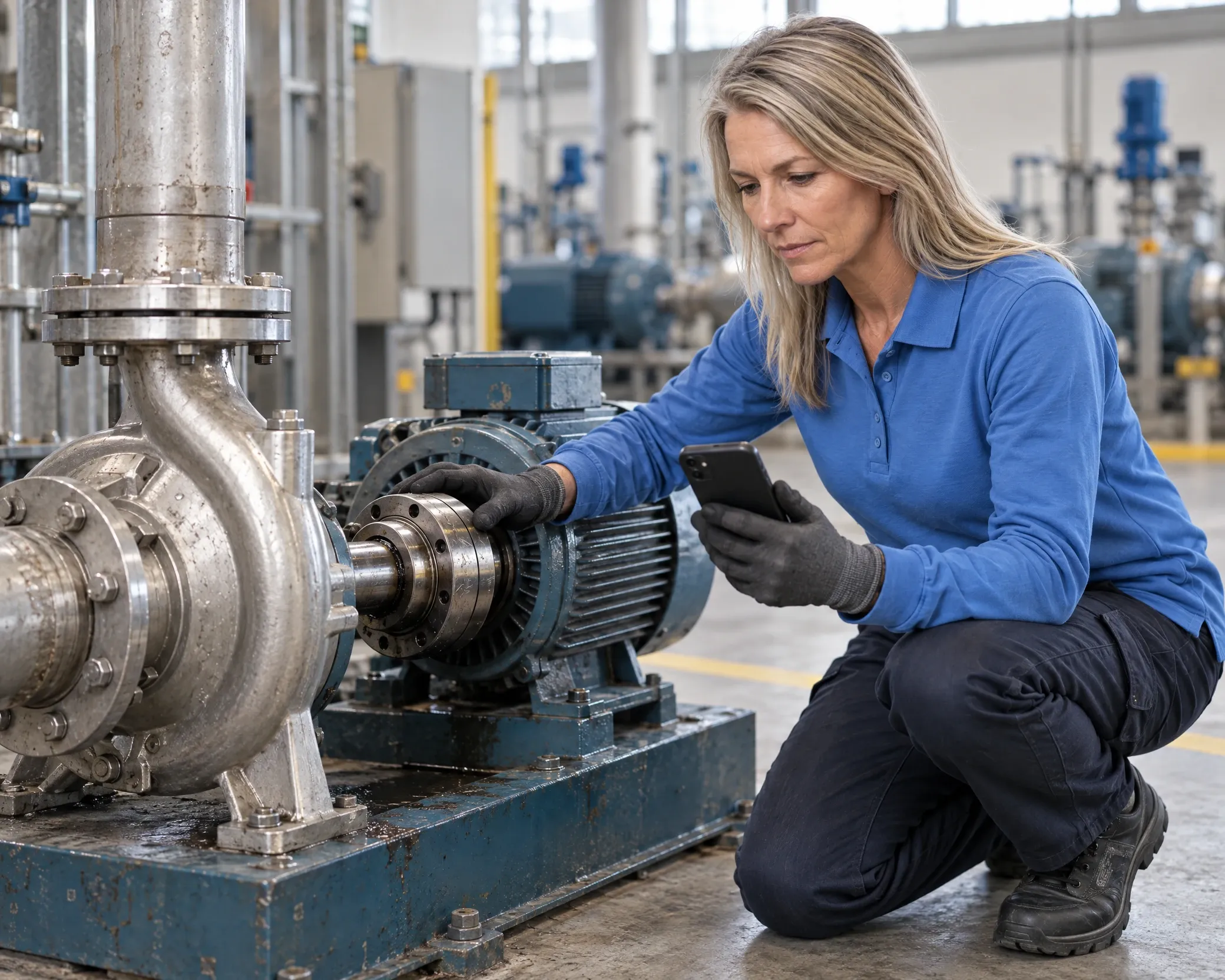 Servicetechnikerin in blauem Arbeitshemd und Arbeitshandschuhen kniet in einer Produktionshalle an einer Kreiselpumpe, eine Hand an der Kupplung, und schaut auf ihrem Smartphone eine Videoanleitung an.