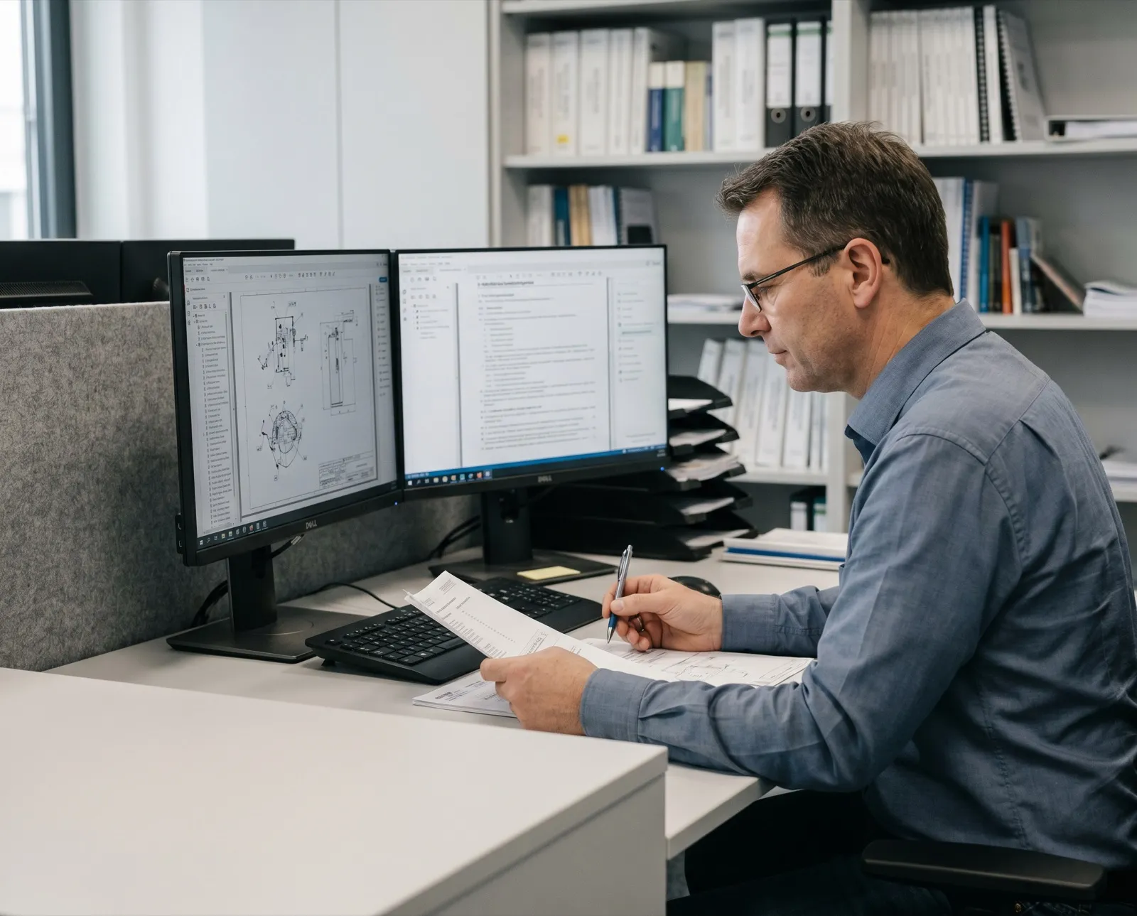 Technischer Redakteur am Schreibtisch mit zwei Monitoren, auf denen eine technische Zeichnung und ein strukturiertes Dokument zu sehen sind, dahinter Regale mit Ordnern.