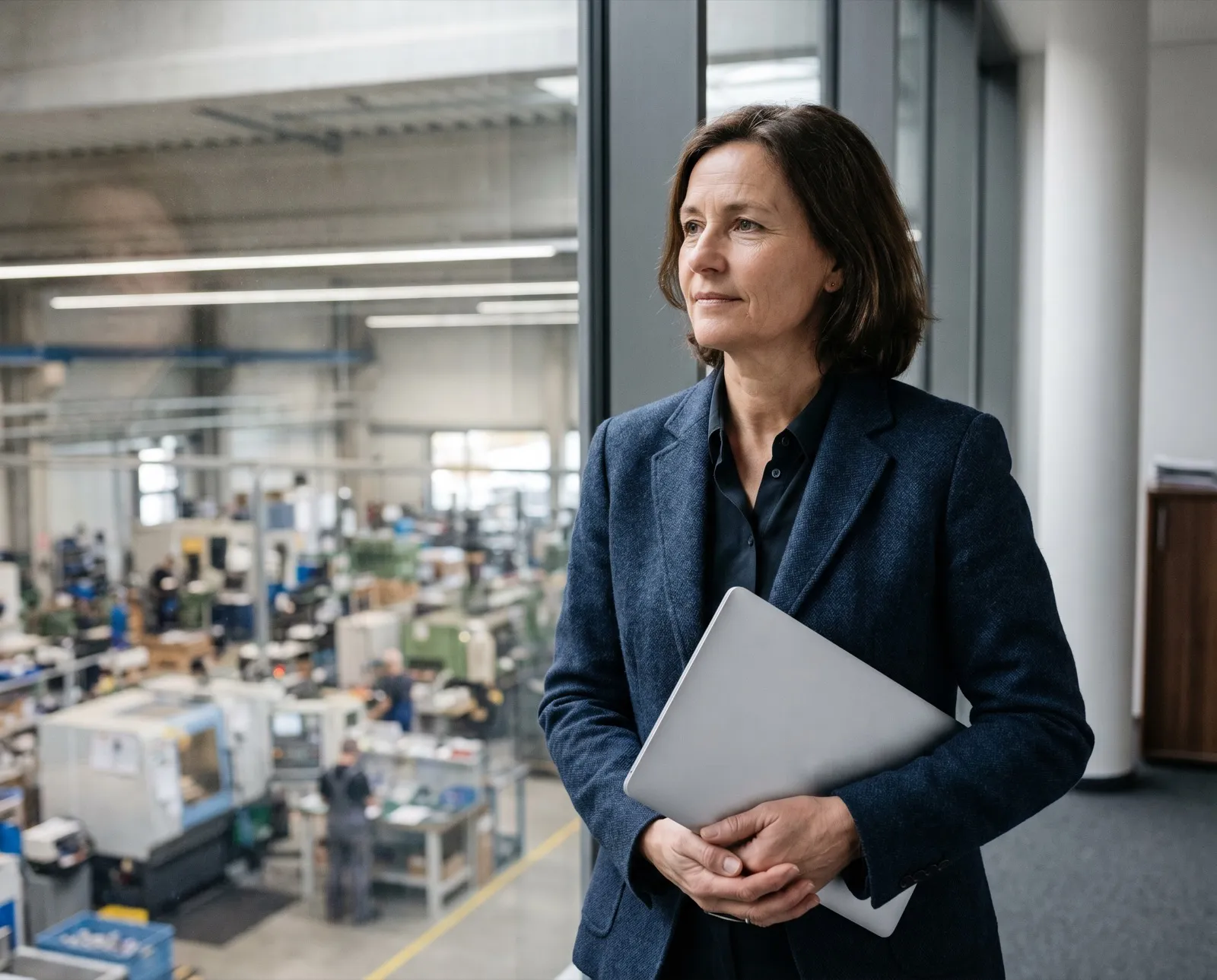 Geschäftsführerin blickt durch eine Glaswand über eine Produktionshalle.