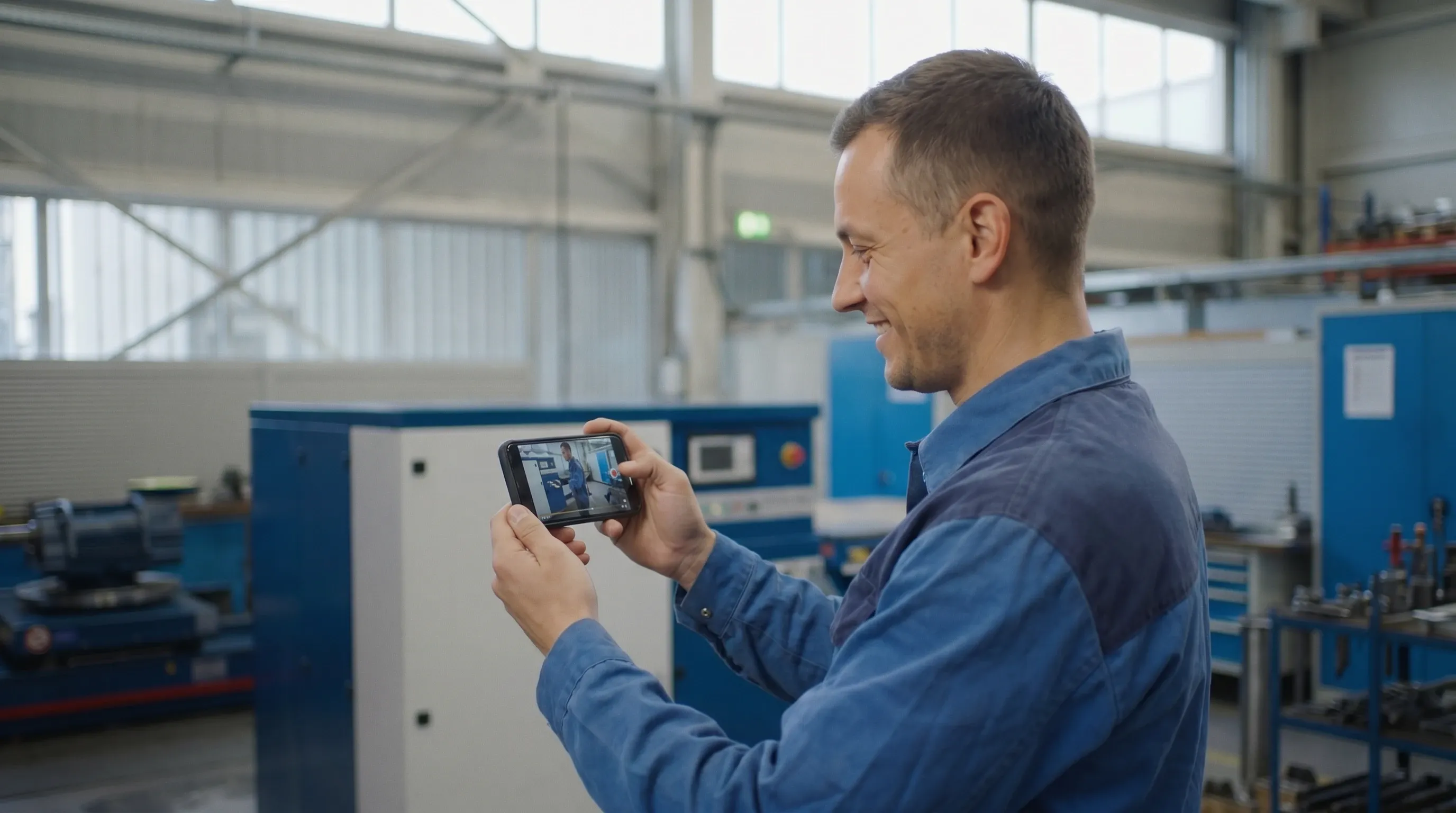 Servicetechniker in blauer Arbeitskleidung lächelt, während er in einer Werkstatt eine Videoanleitung auf dem Smartphone anschaut.