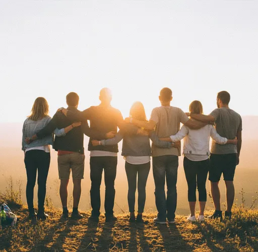 Sieben Personen stehen Arm in Arm vor einem Sonnenuntergang als Symbol für Gemeinschaft und gemeinsame Vision.