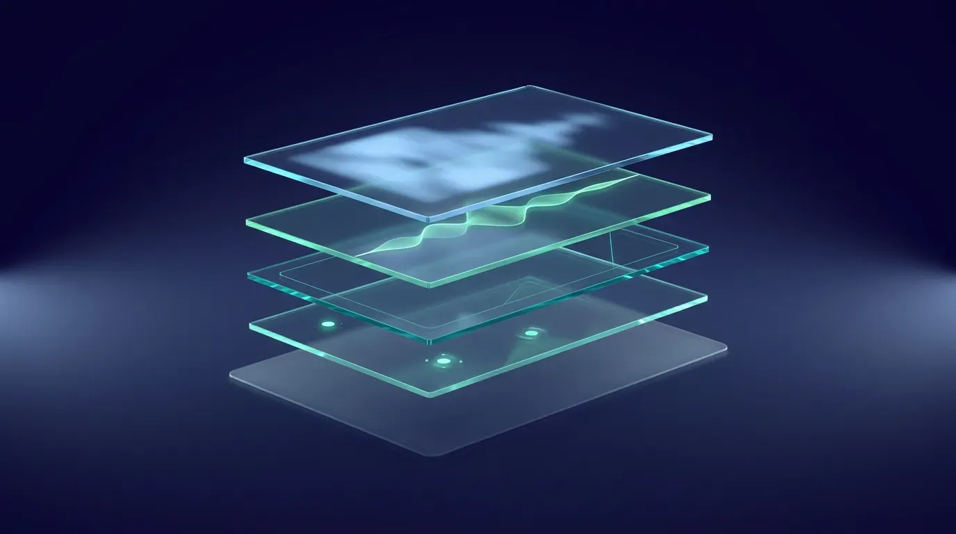 Abstrakte Illustration: gestapelte transparente Glasebenen über einem Video.
