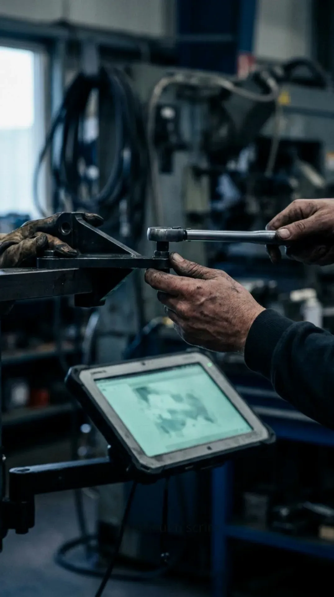Hände eines erfahrenen Technikers führen mit einem Werkzeug einen Wartungsschritt an einer Maschine aus, daneben ein robustes Tablet.