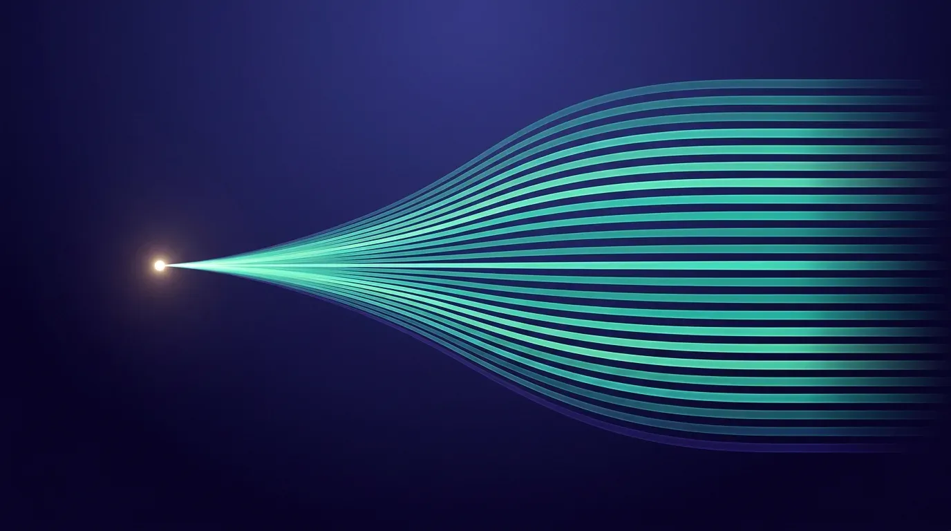 Abstrakte Illustration: ein Lichtpunkt, der sich in viele parallele Sprachspuren auffächert.