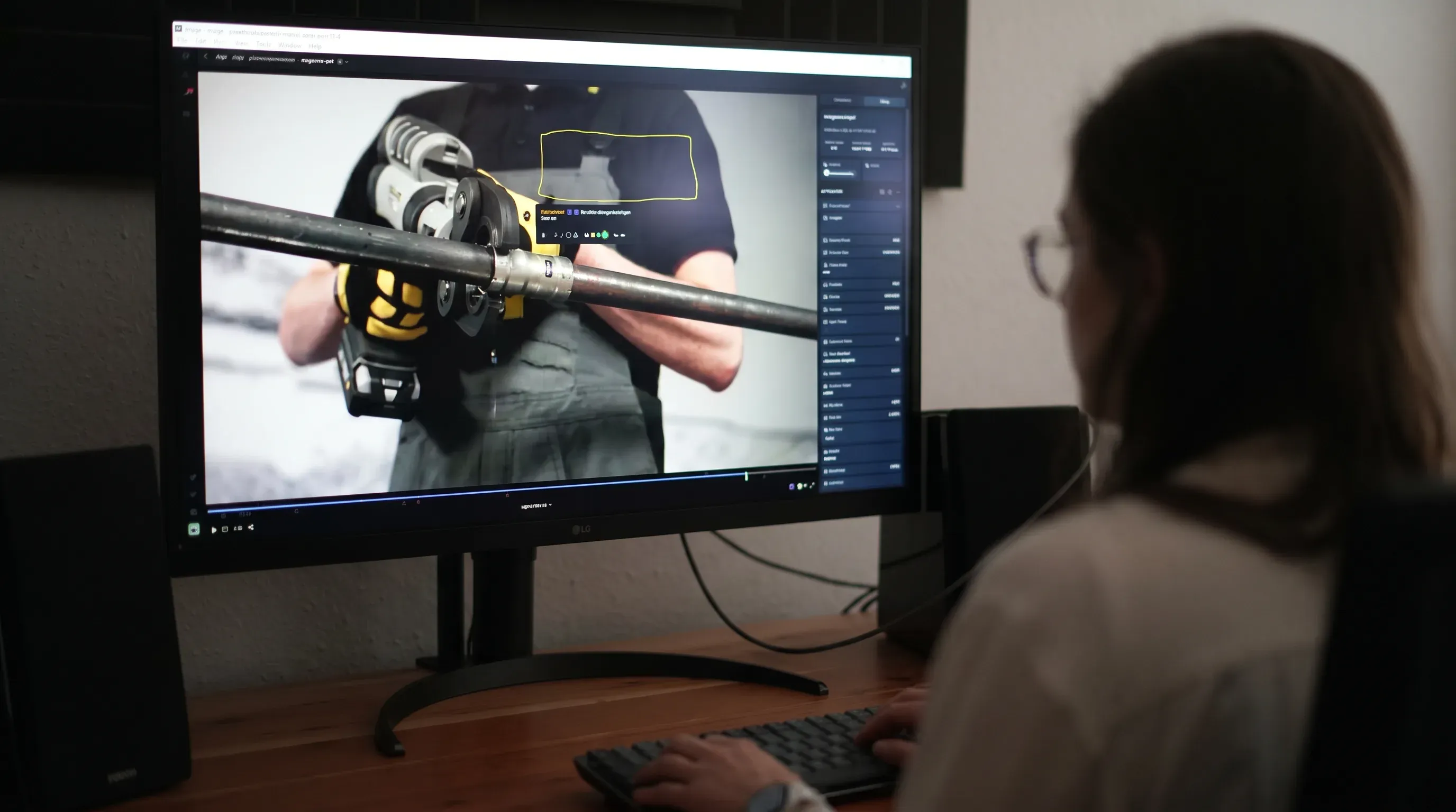 Redakteurin bearbeitet am Monitor in einem Video-Editor eine Videoanleitung, im Vorschaubild ein Techniker mit Presswerkzeug an einem Rohr
